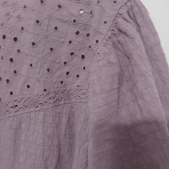 Knox Rose lilac short Balloon Sleeve Button Down peek a boo Floral Ruffle blouse - Picture 11 of 11